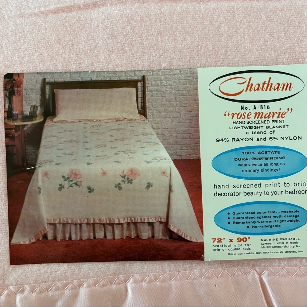 VTG 70’s Chatham Blanket Pink Rose Marie Floral Satin Trim NWT